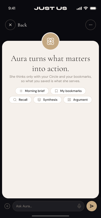 JUST US iOS app, Aura personal AI screen