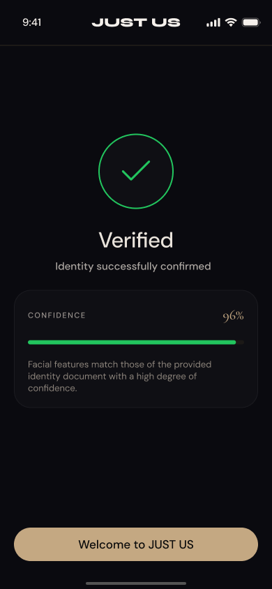 JUST US iOS app, identity verified screen